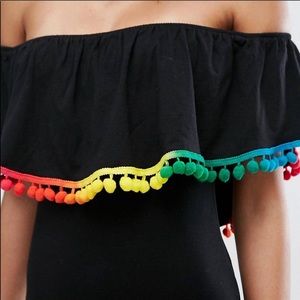 ASOS Pom Pom Off Shoulder Bodysuit w/ Rainbow Poms